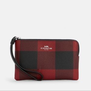 Coach Corner Zip Wristlet With Buffalo Plaid Print Silver/Black Red Multi